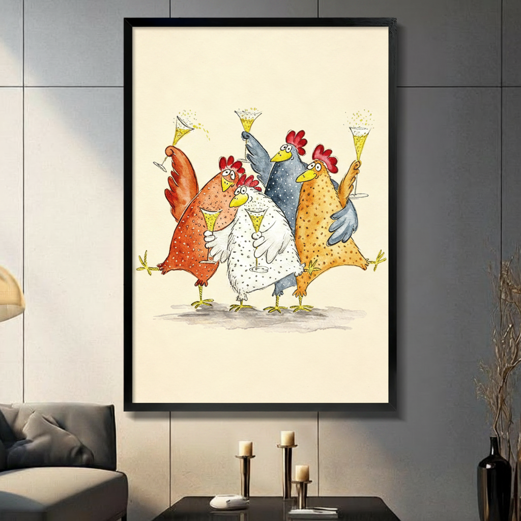 Funny Chickens Champagne Toast Framed Canvas Art