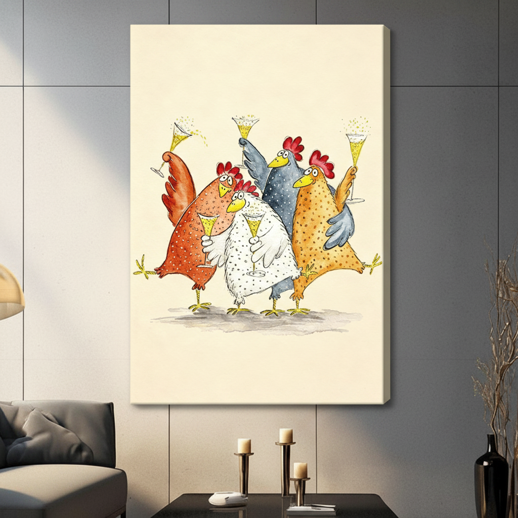 Funny Chickens Champagne Toast Framed Canvas Art