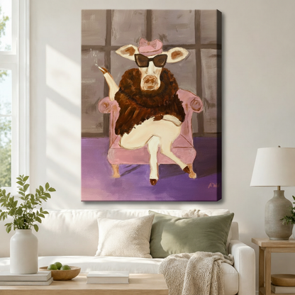 Glam Cow Pink Chair Canvas Wall Art