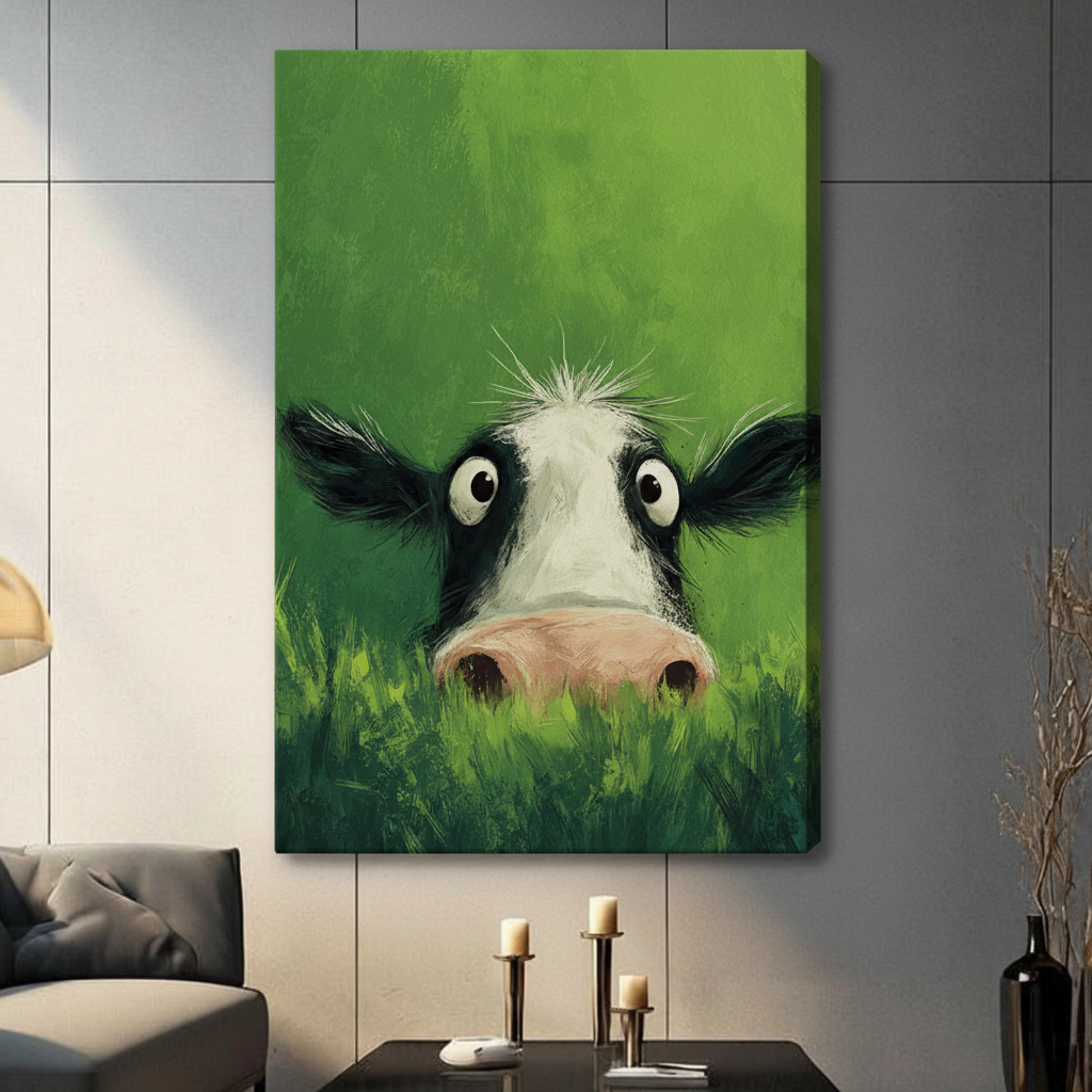 Funny Peeking Cow Green Canvas Wall Art