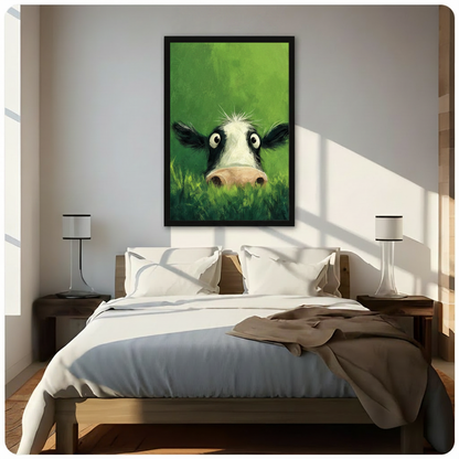 Funny Peeking Cow Green Canvas Wall Art