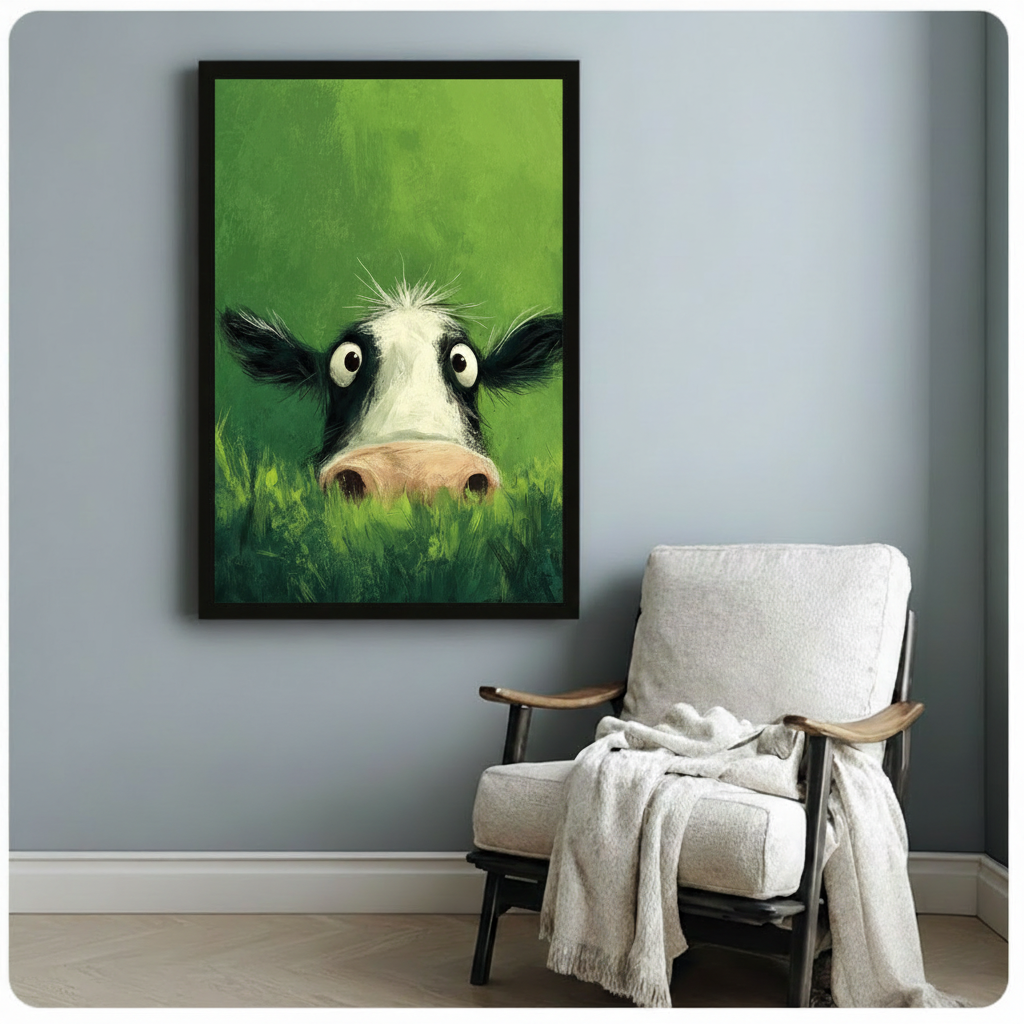 Funny Peeking Cow Green Canvas Wall Art