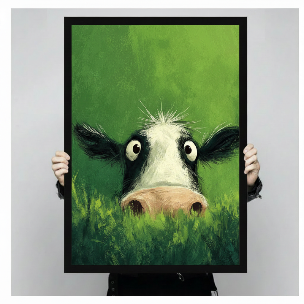 Funny Peeking Cow Green Canvas Wall Art