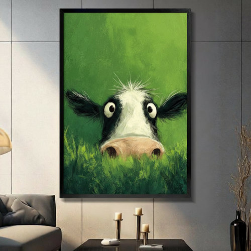 Funny Peeking Cow Green Canvas Wall Art