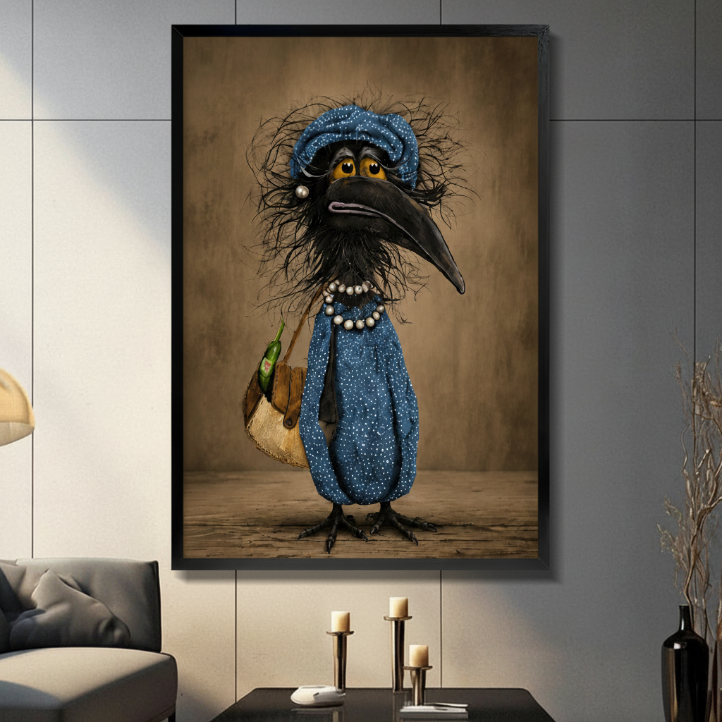 Whimsical Crow Lady Portrait Canvas Wall Art