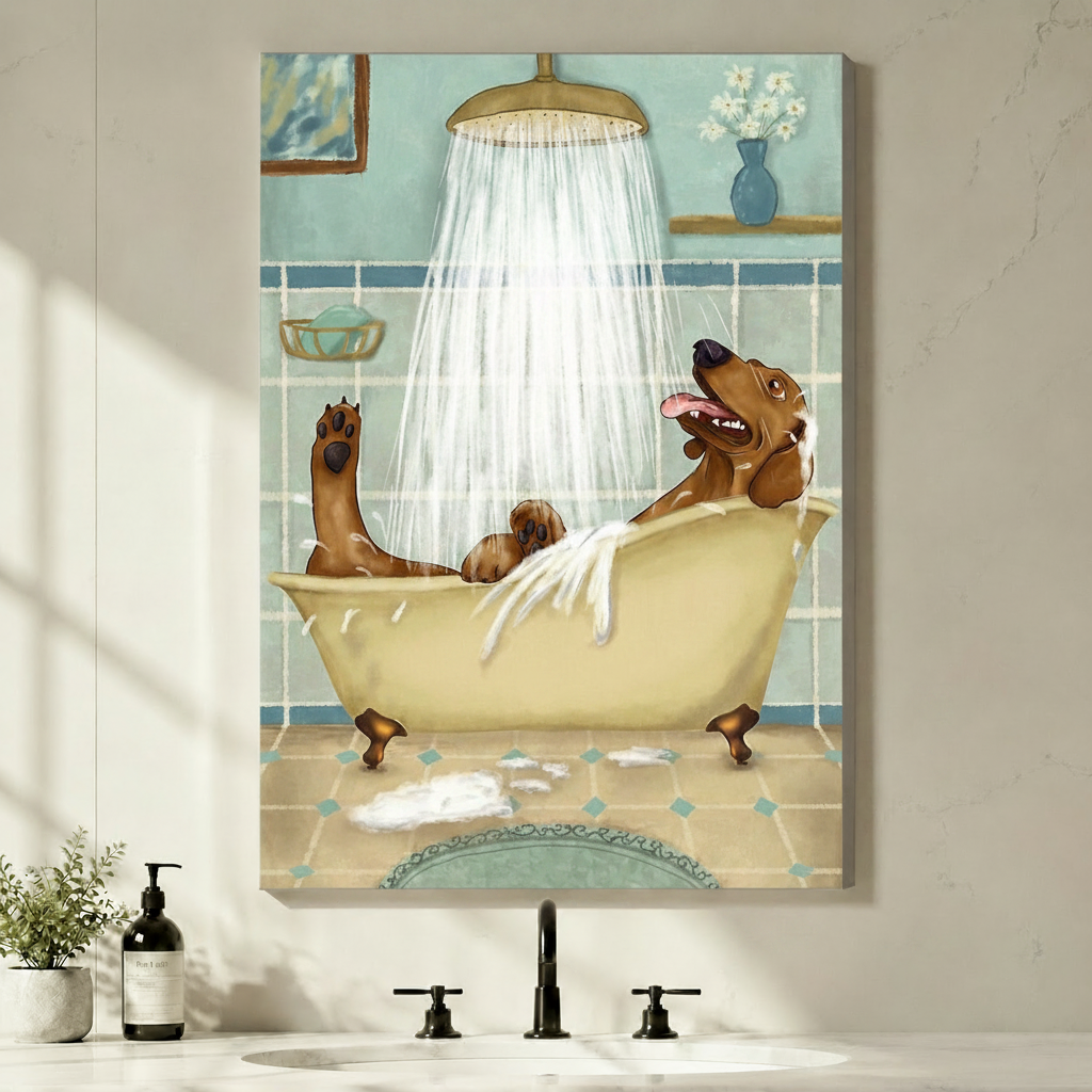 Dachshund Bath Time Funny Dog Canvas Wall Art