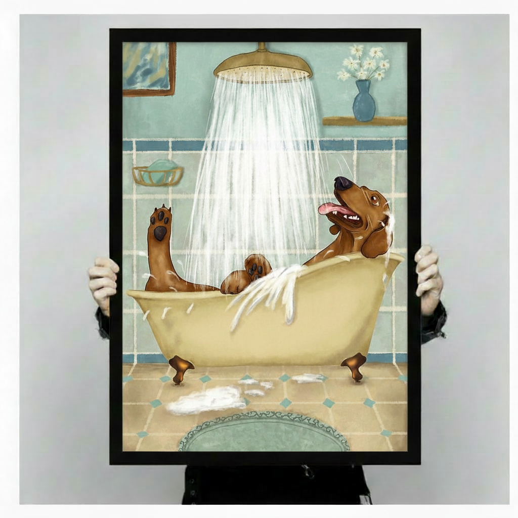 Dachshund Bath Time Funny Dog Canvas Wall Art