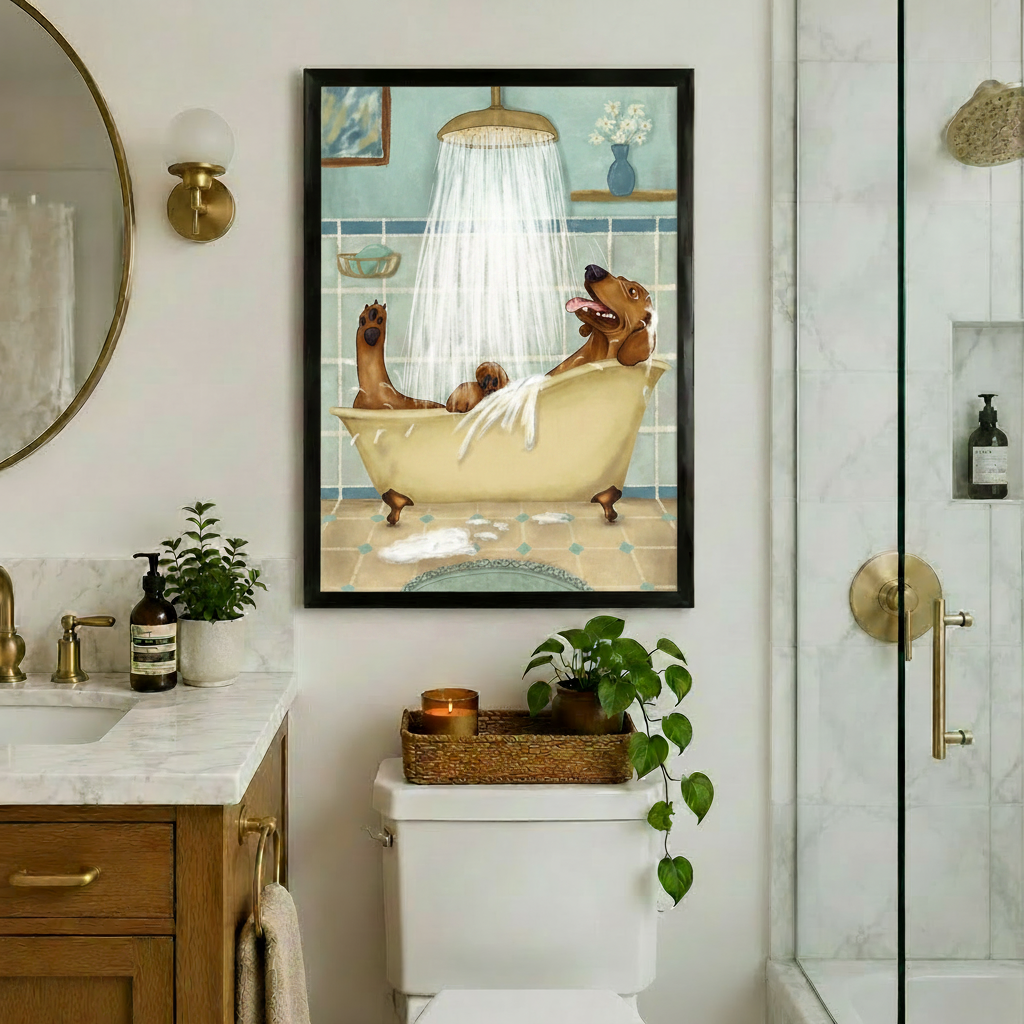 Dachshund Bath Time Funny Dog Canvas Wall Art