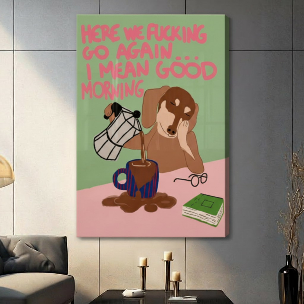 Good Morning Funny Dog Coffee Canvas Wall Art
