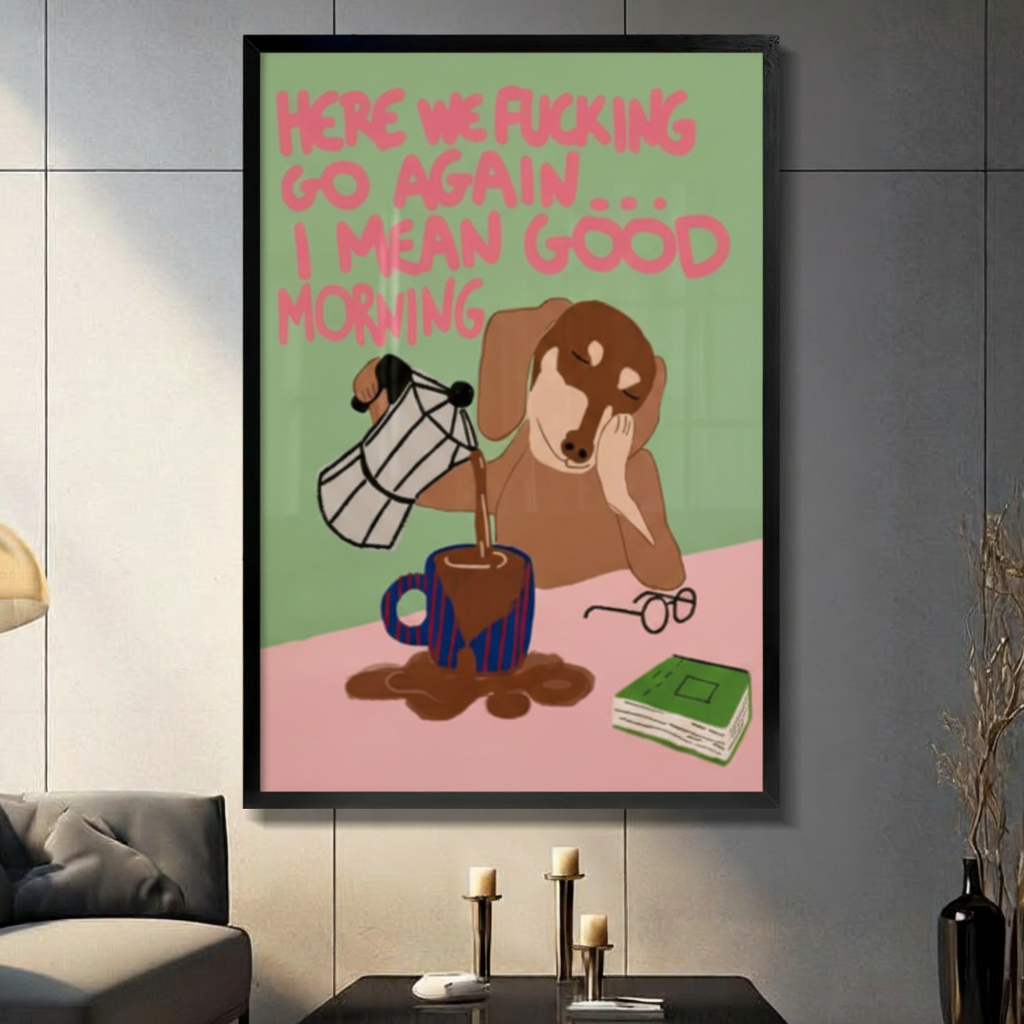 Good Morning Funny Dog Coffee Canvas Wall Art