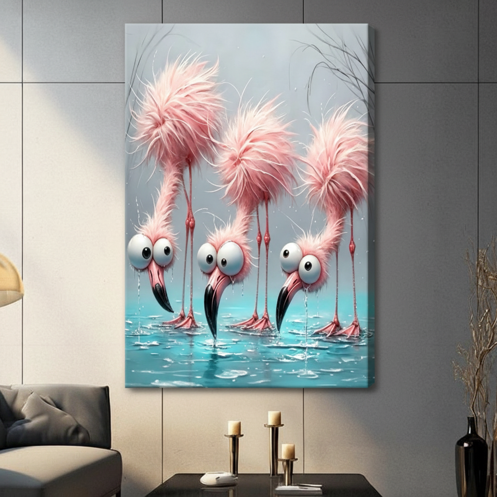 Funny Flamingo Big Eyes Whimsical 3D Canvas Art