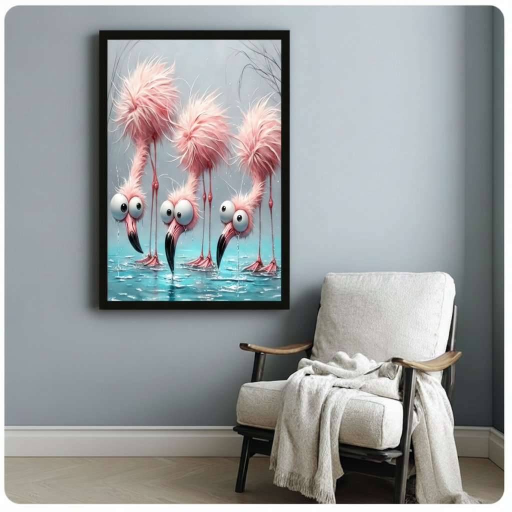 Funny Flamingo Big Eyes Whimsical 3D Canvas Art