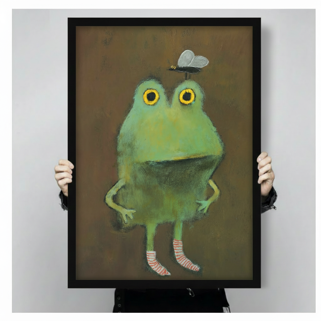 Whimsical Frog & Fly Framed Canvas Wall Art