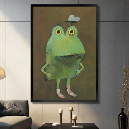 Whimsical Frog & Fly Framed Canvas Wall Art
