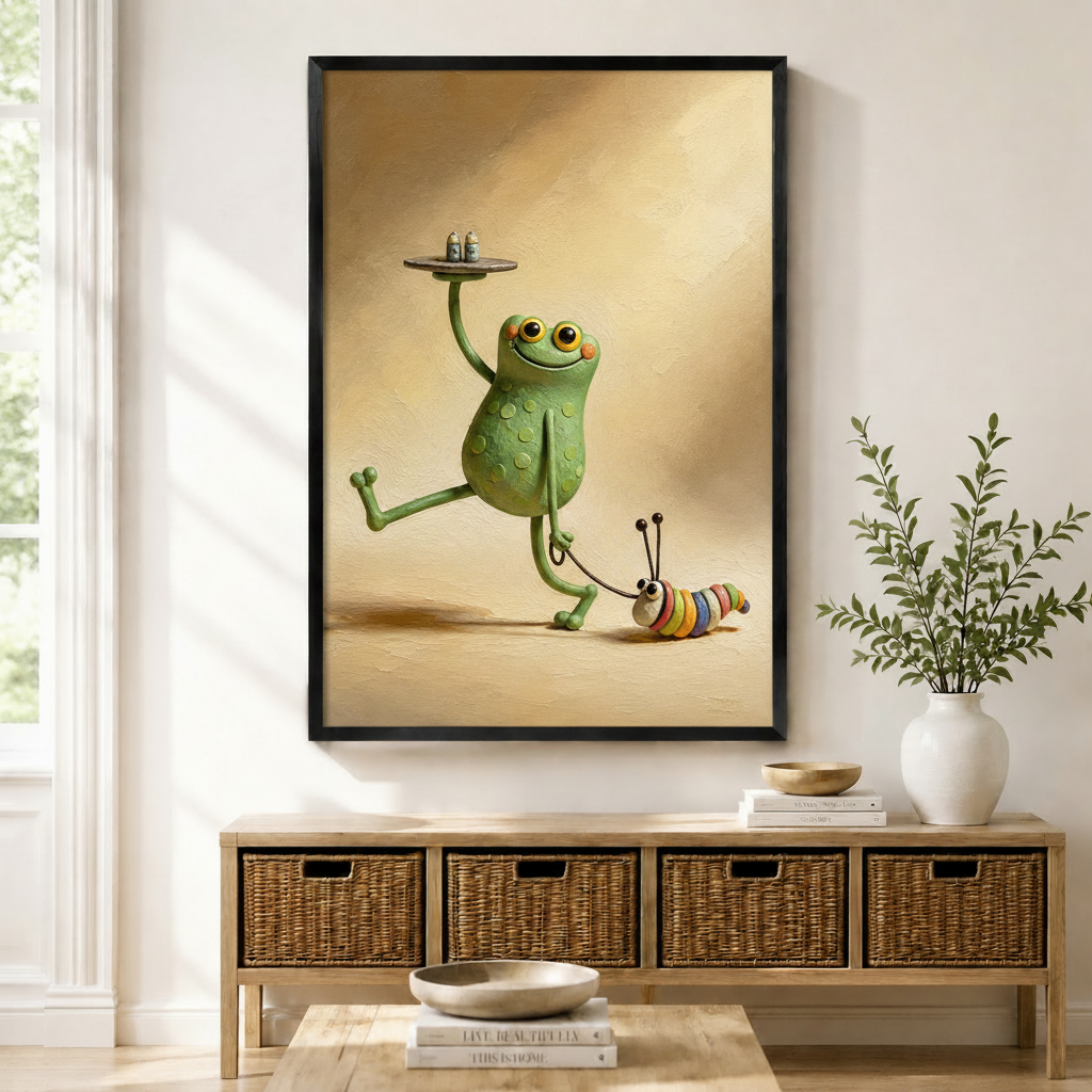 Funny Frog Waiter Whimsical Canvas Wall Art