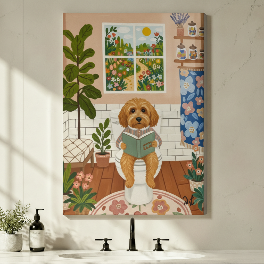 Goldendoodle Reading Bathroom Cottagecore Canvas Wall Art