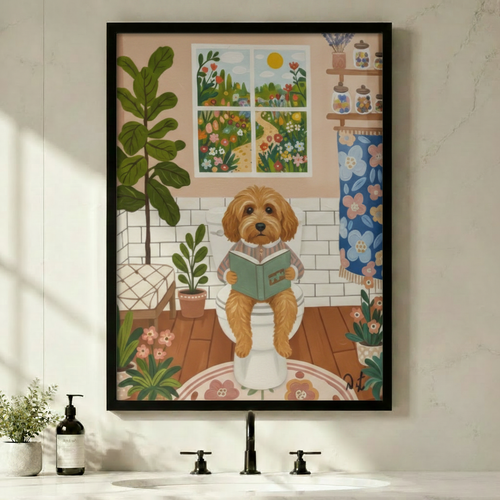 Goldendoodle Reading Bathroom Cottagecore Canvas Wall Art
