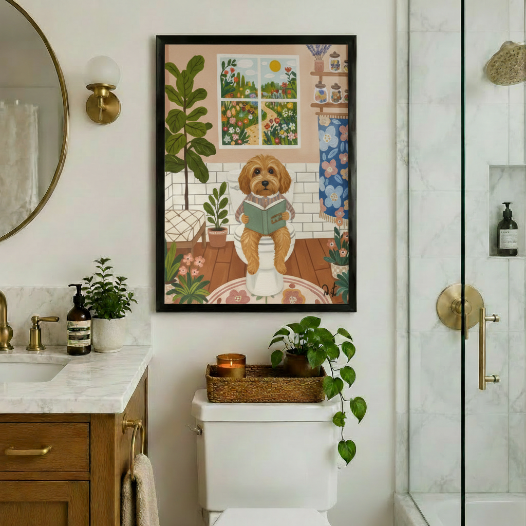 Goldendoodle Reading Bathroom Cottagecore Canvas Wall Art