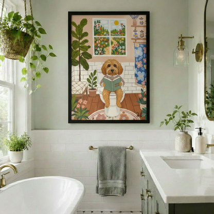 Goldendoodle Reading Bathroom Cottagecore Canvas Wall Art