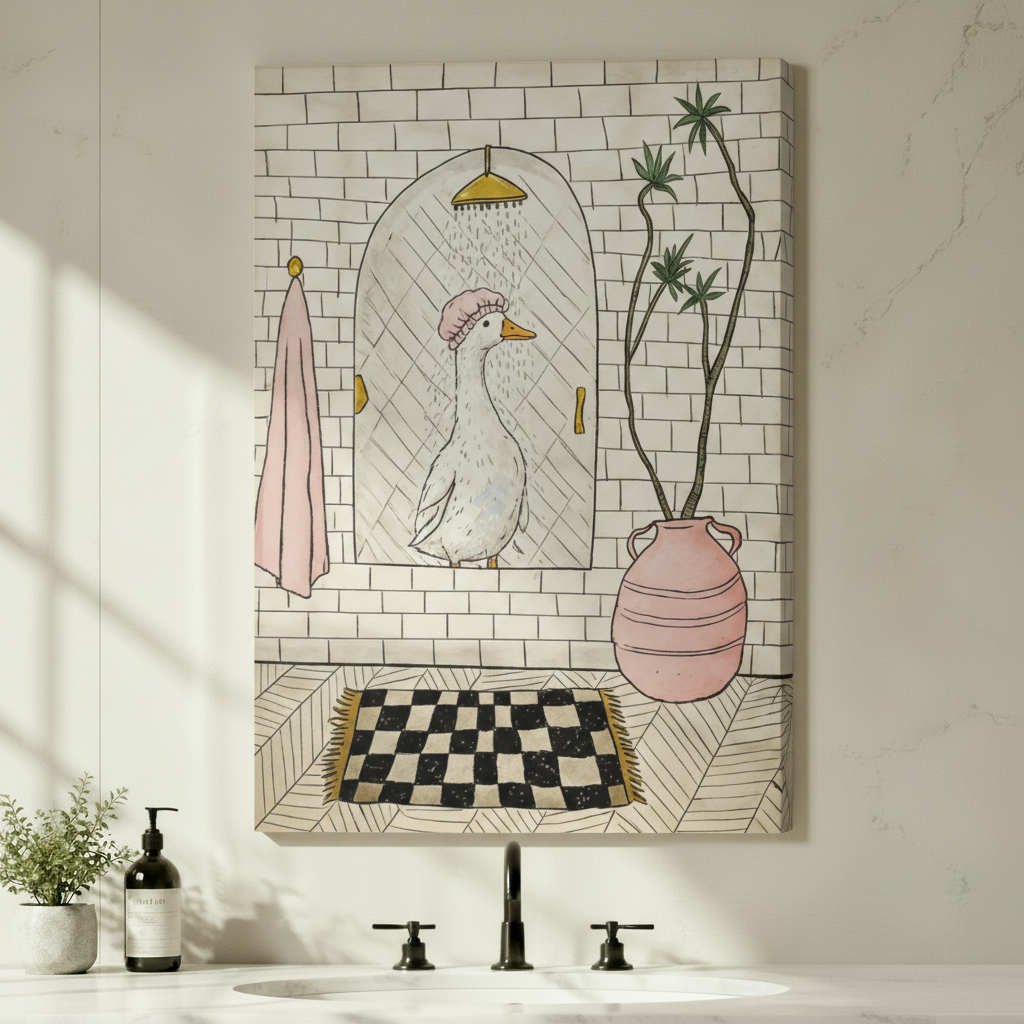 Whimsical Goose Shower Bathroom Canvas Art Wall Art