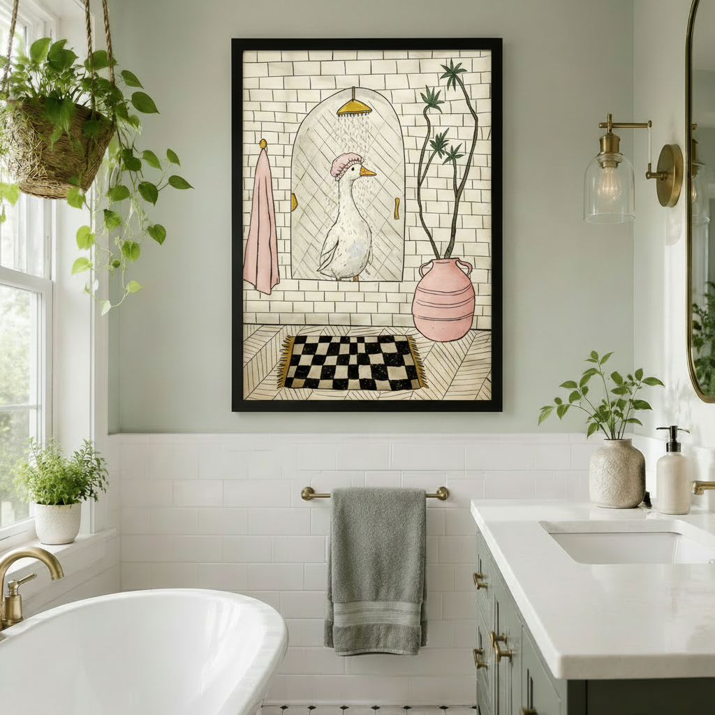 Whimsical Goose Shower Bathroom Canvas Art Wall Art