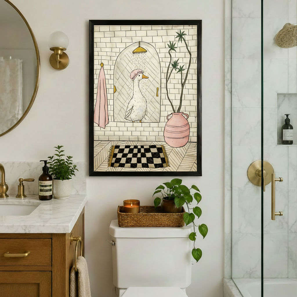 Whimsical Goose Shower Bathroom Canvas Art Wall Art