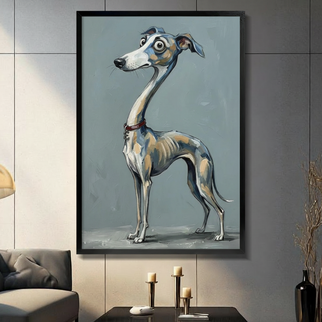 Funny Whippet Dog Portrait Framed Canvas Wall Art