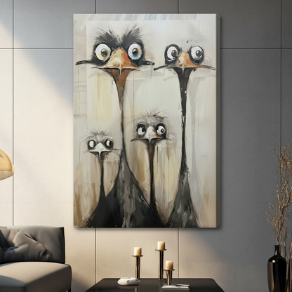 Quirky Ostrich Family Expressionist Canvas Wall Art