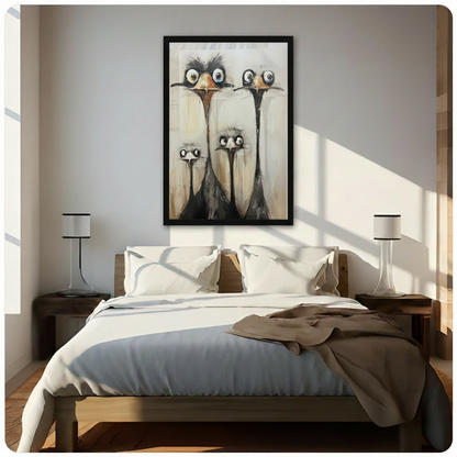 Quirky Ostrich Family Expressionist Canvas Wall Art