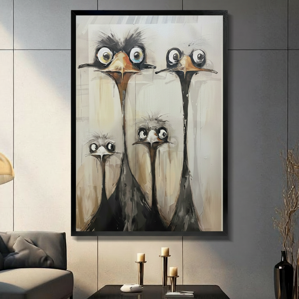 Quirky Ostrich Family Expressionist Canvas Wall Art