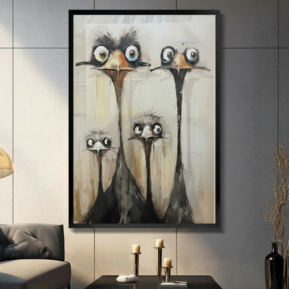 Quirky Ostrich Family Expressionist Canvas Wall Art