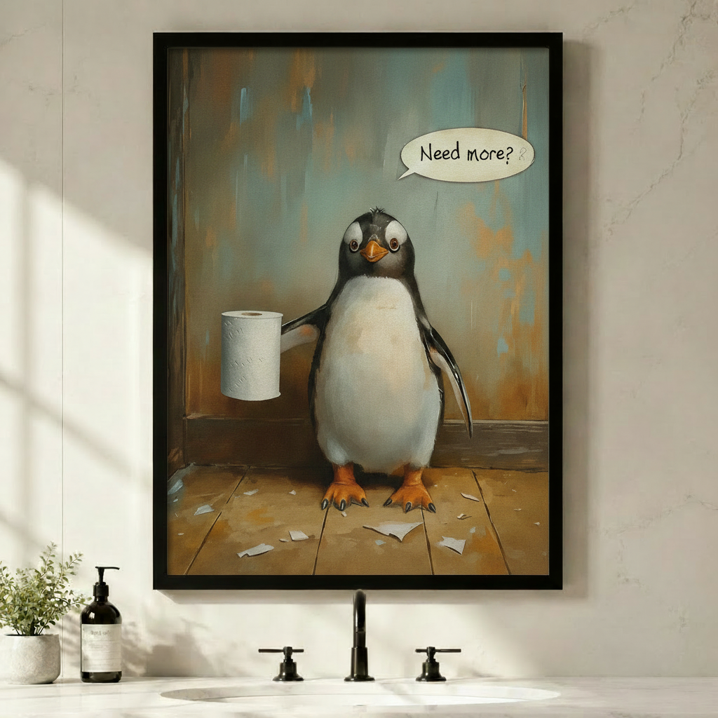Funny Penguin Bathroom Oil Painting Canvas Art