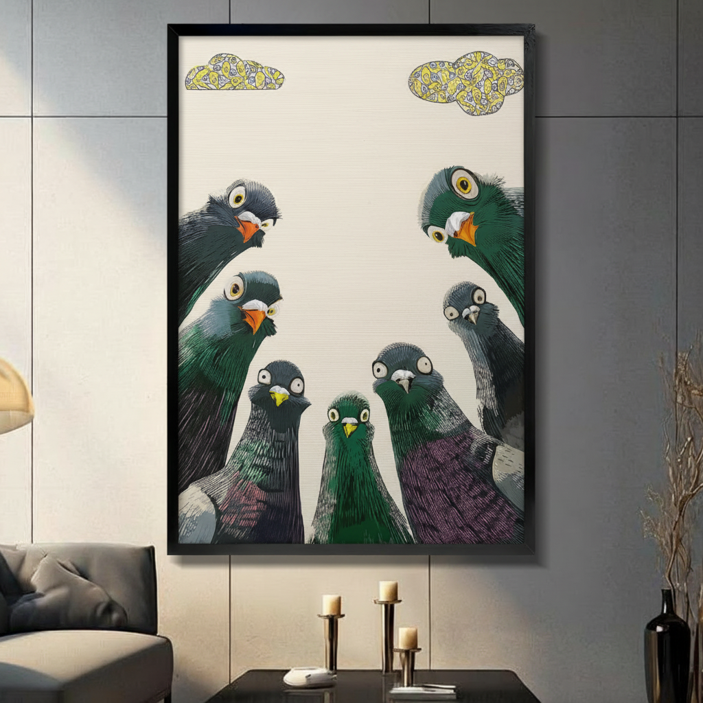 Curious Pigeons Flock Funny Canvas Wall Art