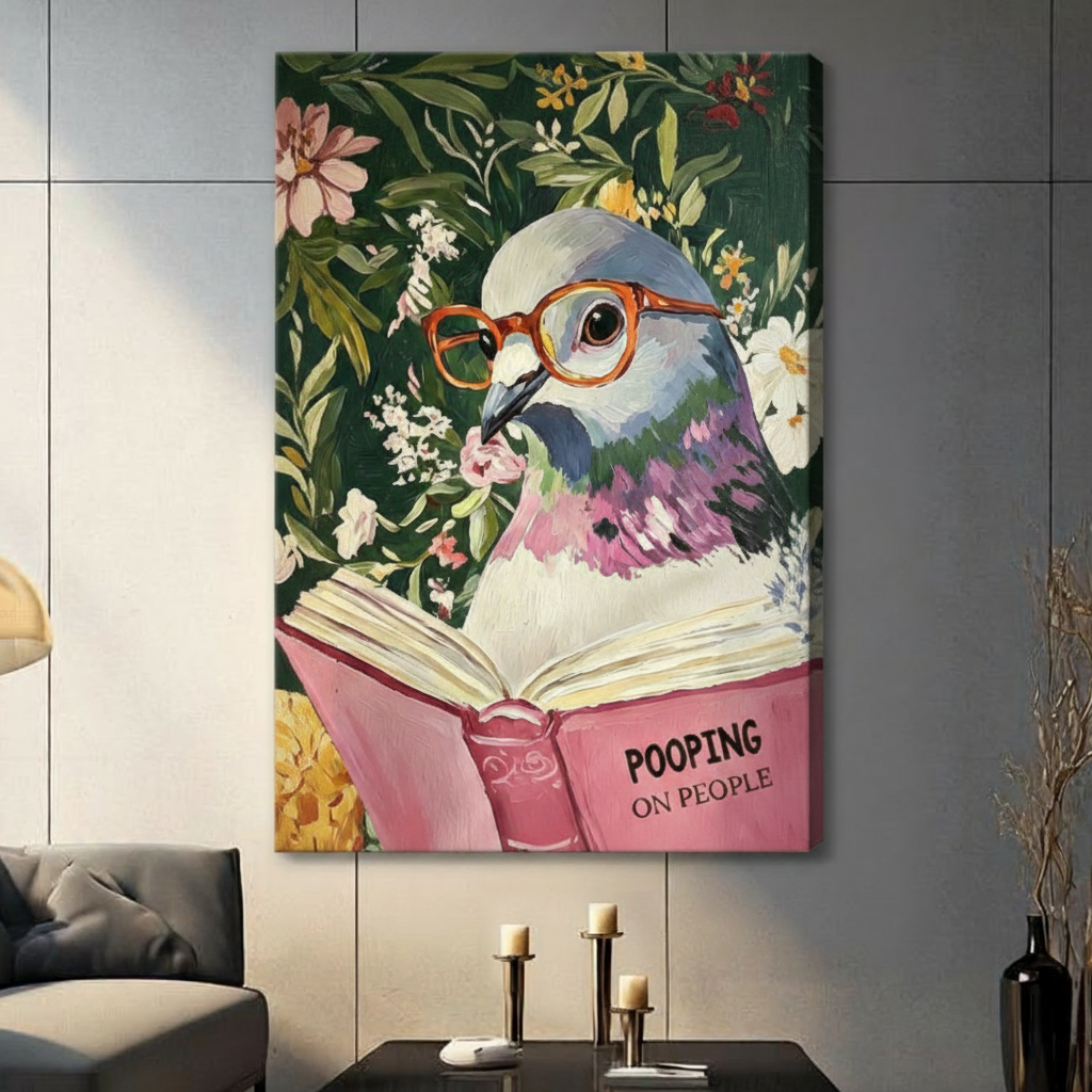 Funny Pigeon Reading Book Floral Canvas Art Wall Art