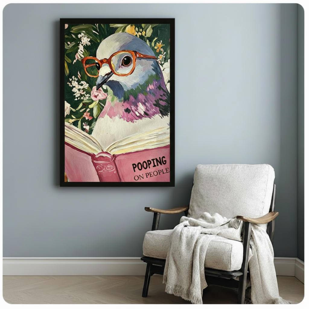 Funny Pigeon Reading Book Floral Canvas Art Wall Art