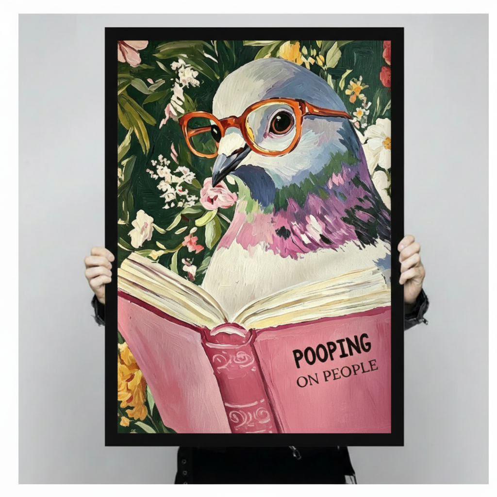 Funny Pigeon Reading Book Floral Canvas Art Wall Art