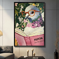 Funny Pigeon Reading Book Floral Canvas Art Wall Art