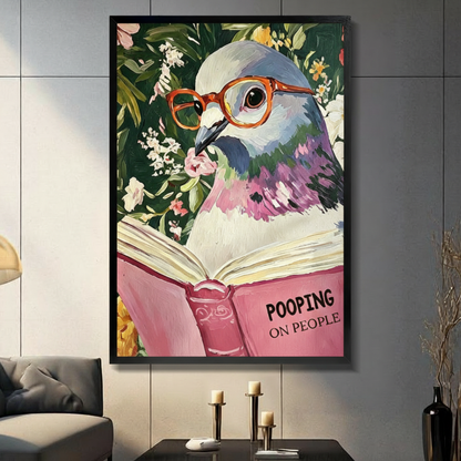 Funny Pigeon Reading Book Floral Canvas Art Wall Art