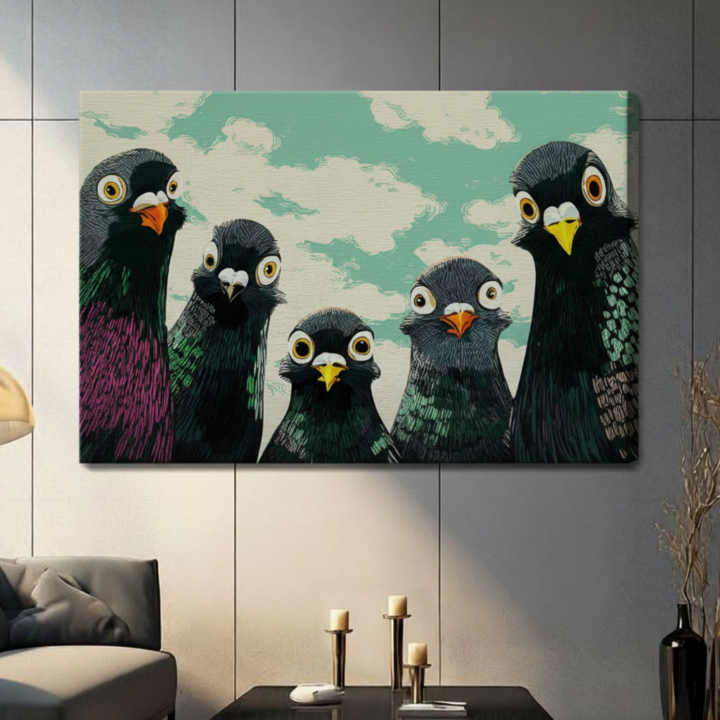 Funny Pigeons Staring Retro Canvas Wall Art