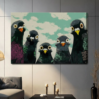 Funny Pigeons Staring Retro Canvas Wall Art