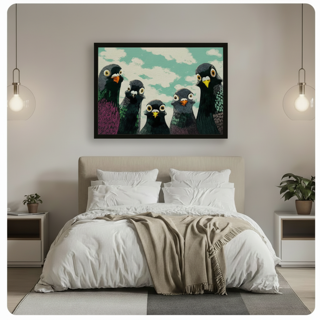Funny Pigeons Staring Retro Canvas Wall Art