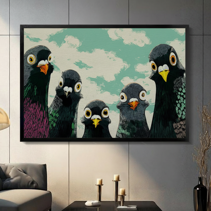 Funny Pigeons Staring Retro Canvas Wall Art