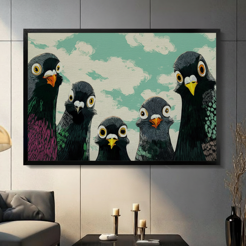 Funny Pigeons Staring Retro Canvas Wall Art