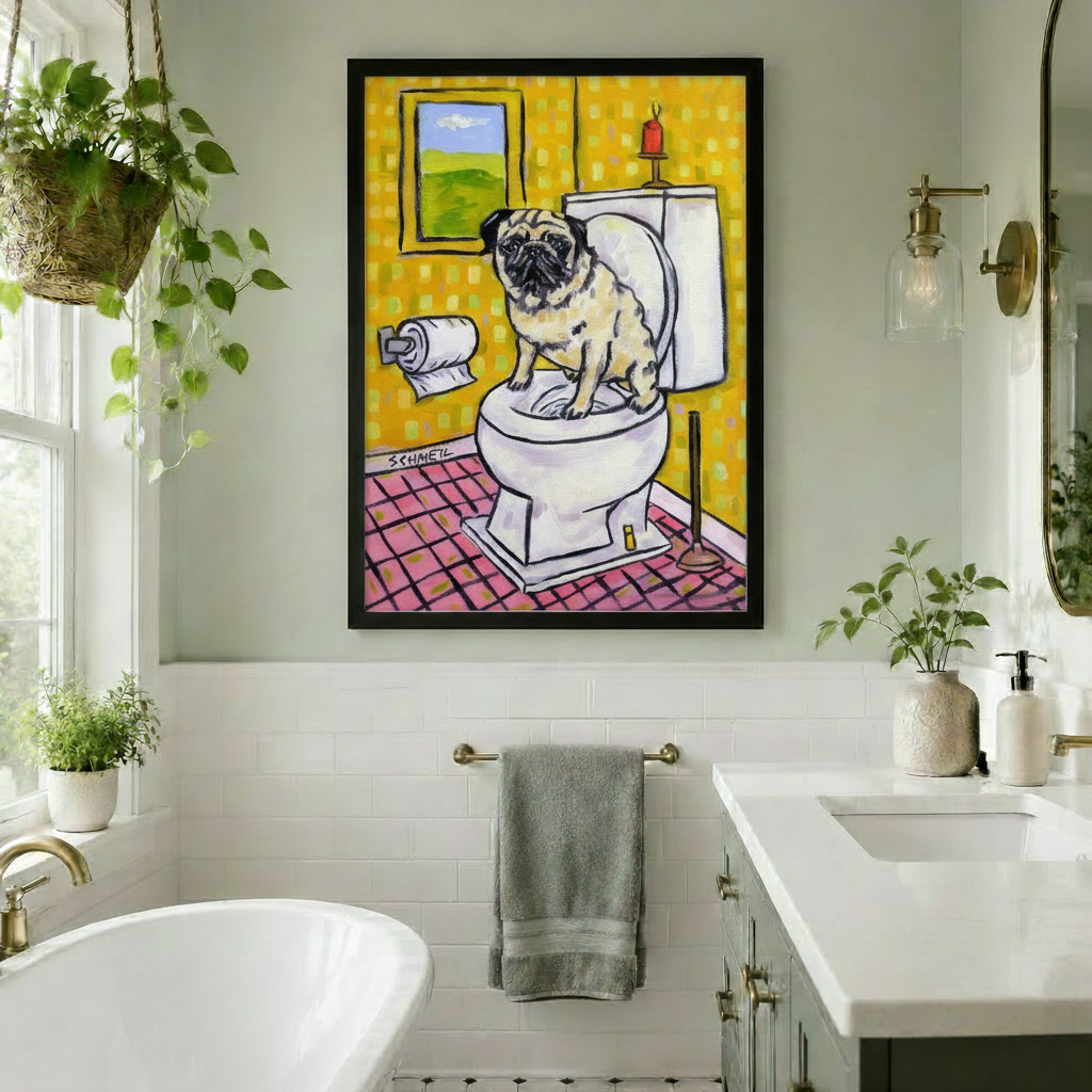 Pug On Toilet Funny Pop Art Canvas Print Wall Art