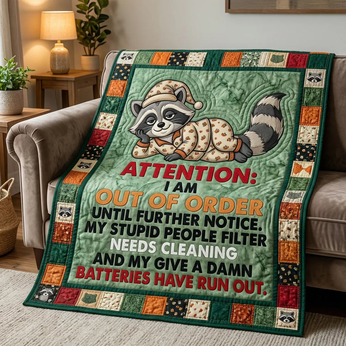 Funny Raccoon Out Of Order Quilt Blanket