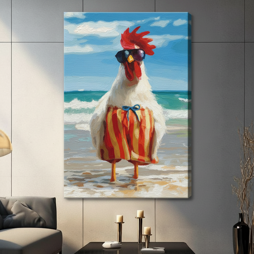 Beach Rooster Funny Canvas Wall Art