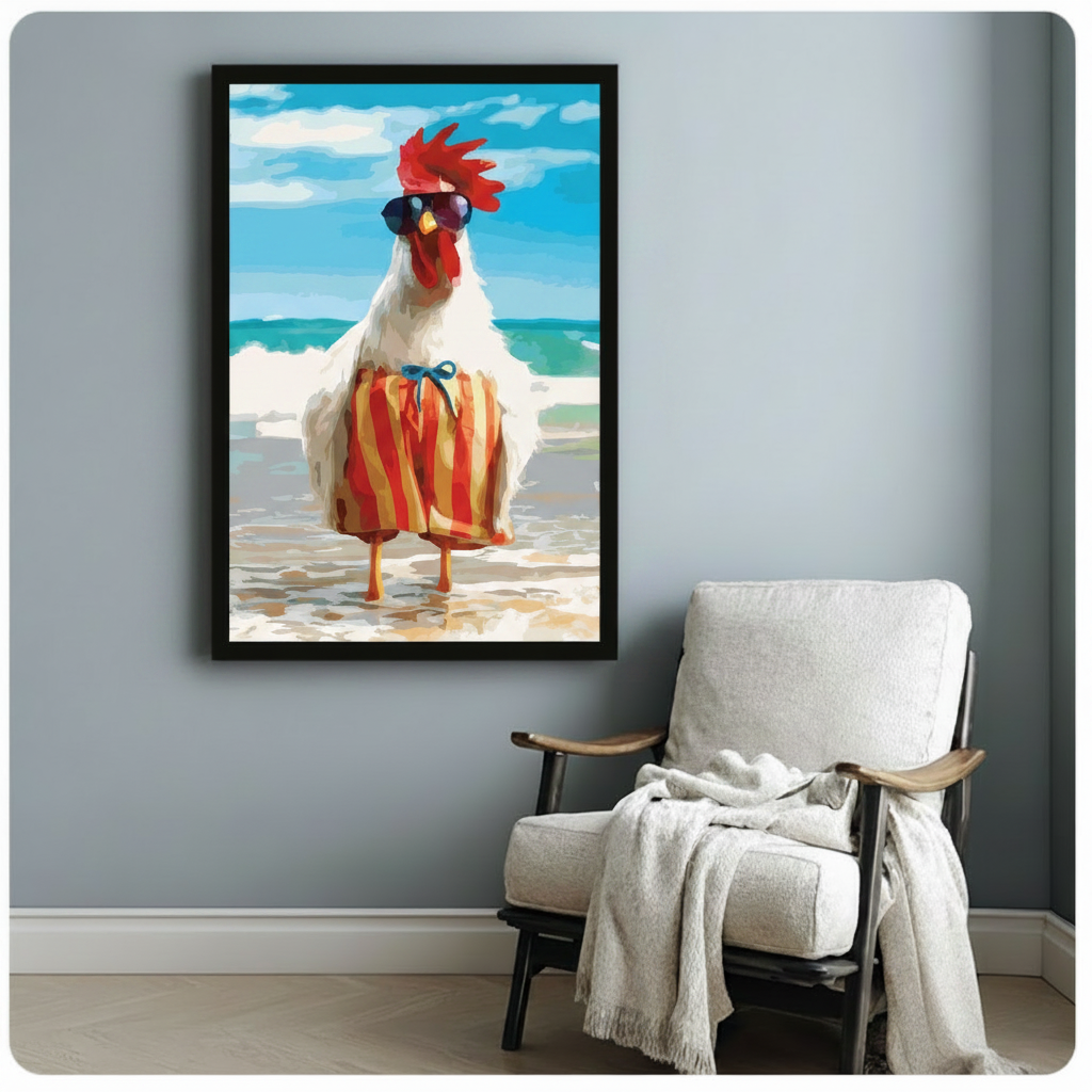 Beach Rooster Funny Canvas Wall Art