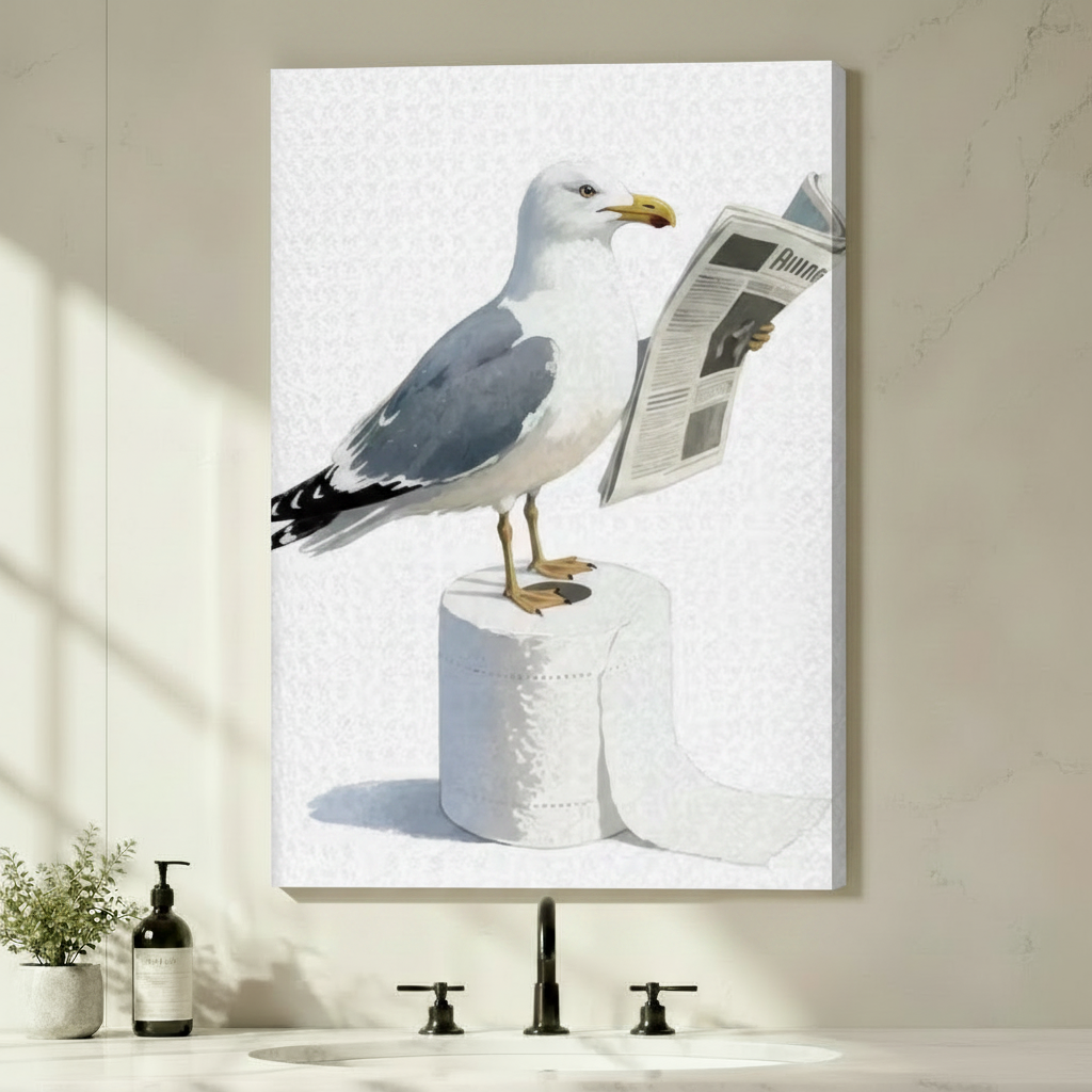Funny Seagull Reading Newspaper Canvas Wall Art