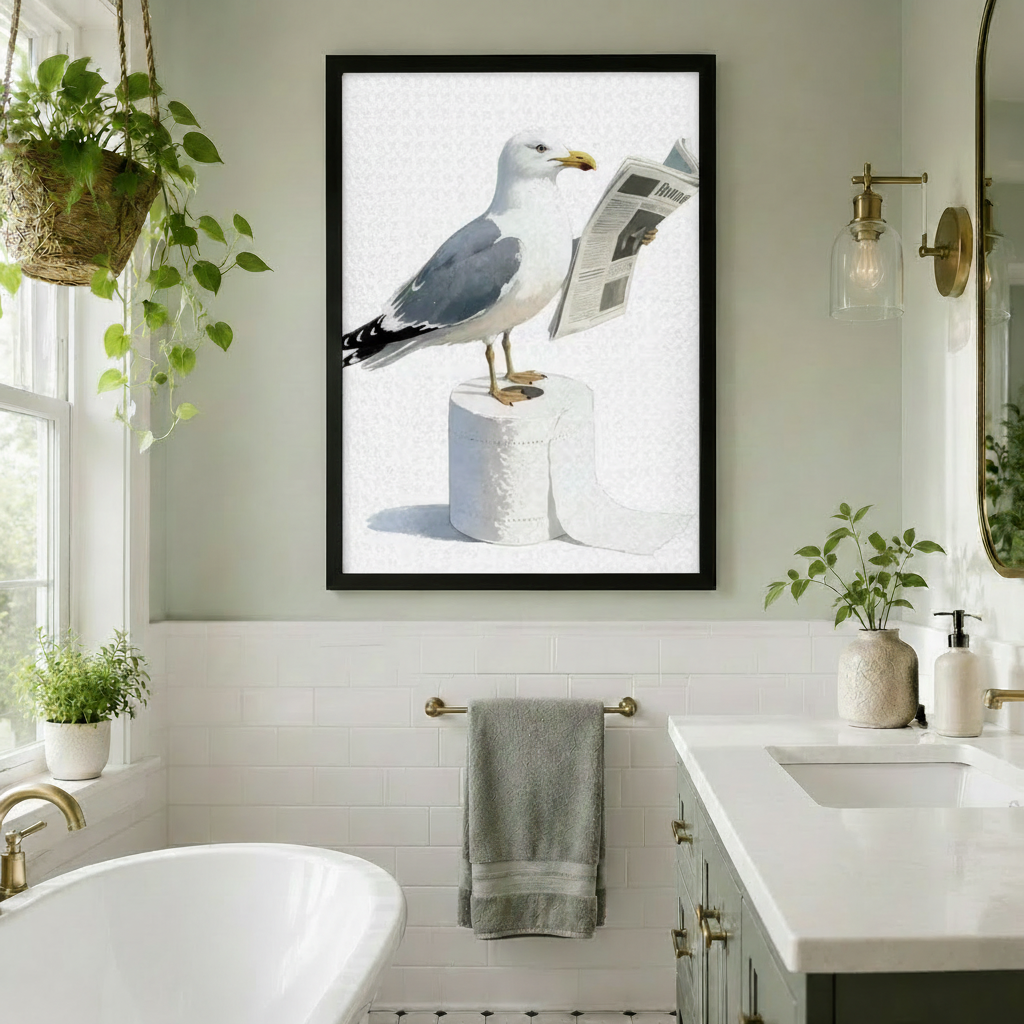Funny Seagull Reading Newspaper Canvas Wall Art