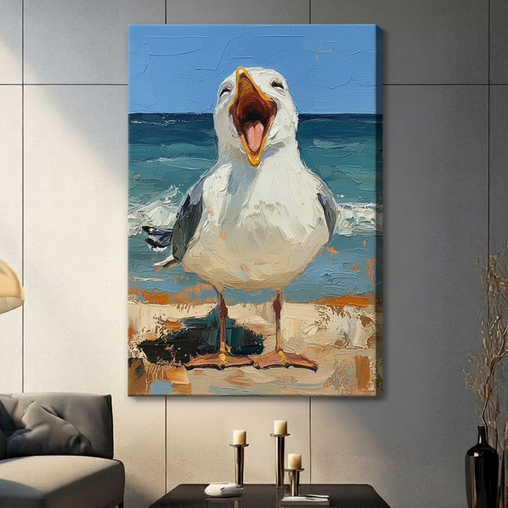 Screaming Seagull Beach Funny Coastal Oil Painting Canvas Art
